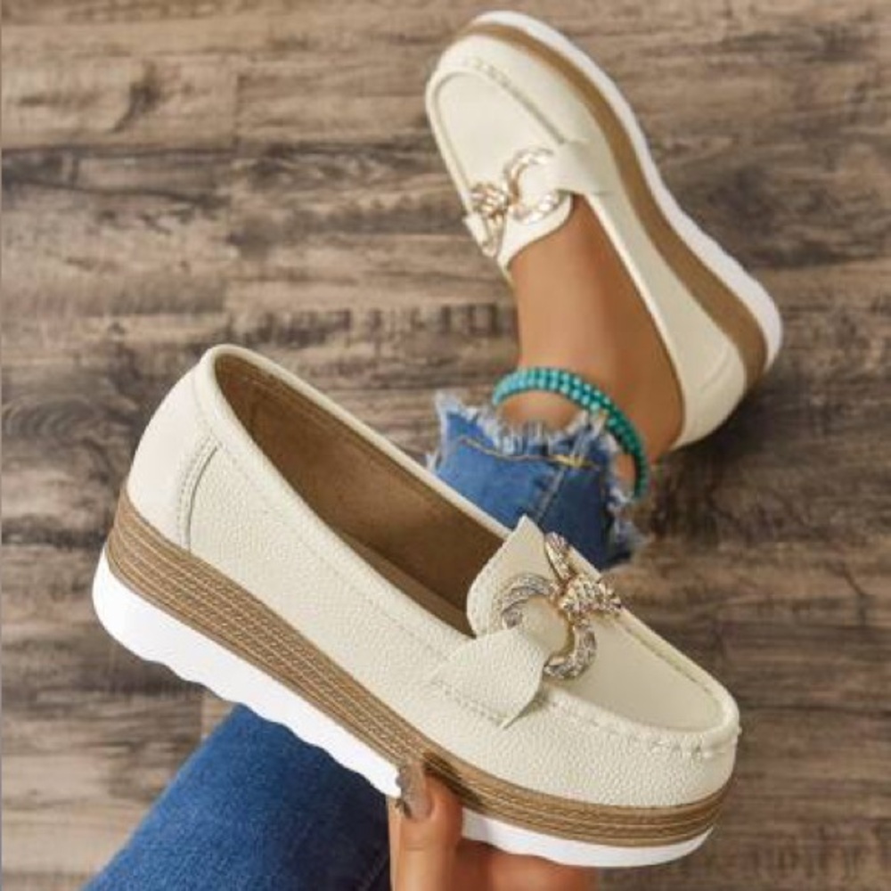 Cream Loafers Gold Beige Comfy Buckle Wedge Espadrille Casual Boat Walking Shoe - Picture 8 of 8
